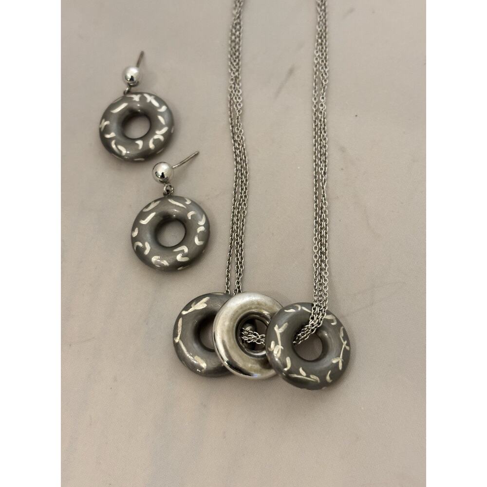 Frederic Duclos Oxidized/Etched Sterling Doughnut Necklace/Earrings SET 22.5g